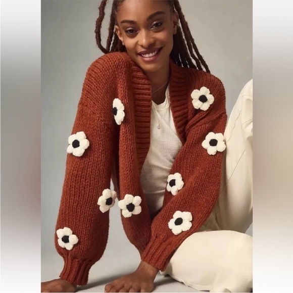 Anthropologie Sweaters - Anthropologie Maeve Susannah 3D Floral Chunky Knit Sweater Cardigan One Size
